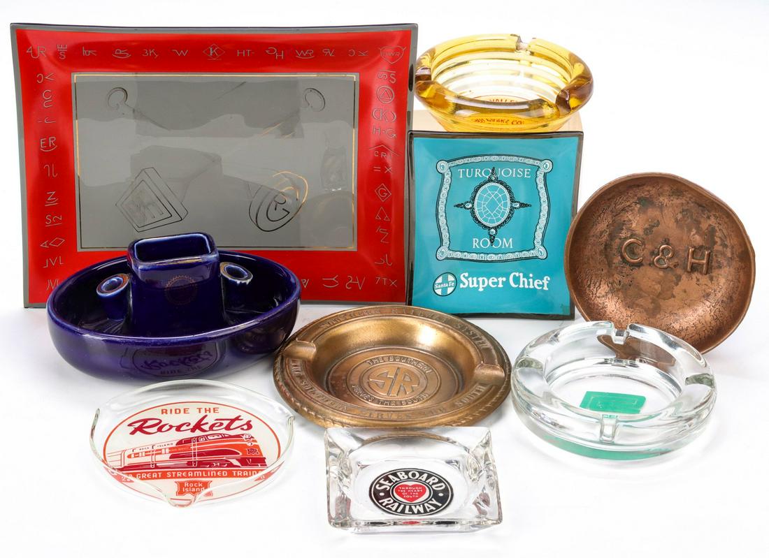 GLASS, PORCELAIN, BRASS AND OTHER RR LOGO ASHTRAYS: The collection as shown. Measure 3.5 to 9 inches. We happily provide seamless in-house packing and shipping services on nearly everything we sell. Until further notice, we cannot offer international s