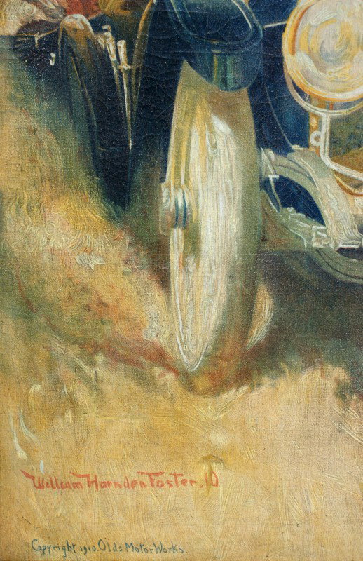1910 OLDSMOBILE ADVERTISING LITHO ON CANVAS: After a painting by William Harnden Foster. Copyright listed as 1910 by the Olds Motor Works. Sight size 33.75 x 23.25 inches, 37.5 x 27.25 inches, damage.