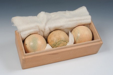 SET OF VINTAGE BRUNSWICK IVORY BILLIARD BALLS: Three carved ivory billiard balls by the Brunswick-Balke-Collender Co. In original dovetailed pine shipping box with no lid. Bottom of box marked '2-3/8 No. 1 Barkey.' PLEASE NOTE: No shipping outside