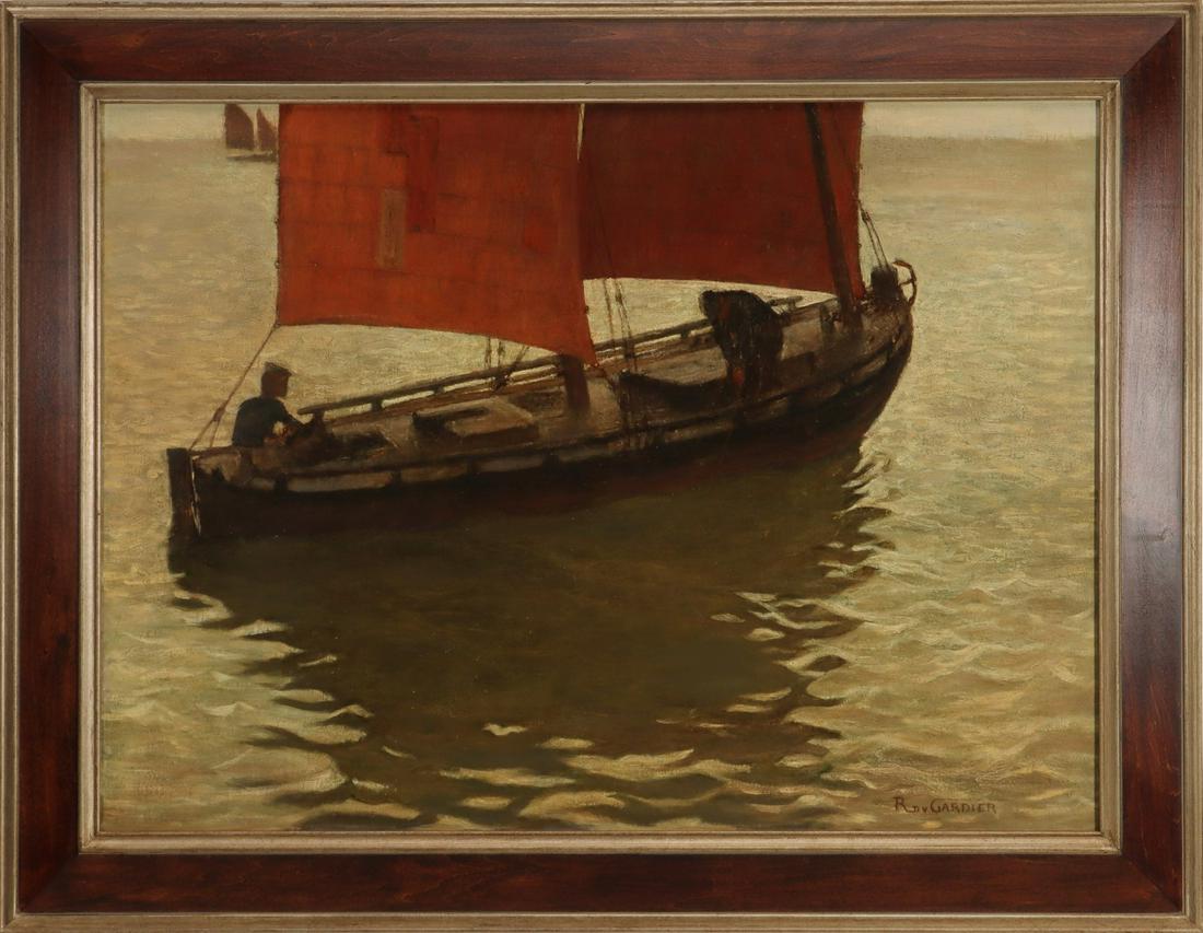 RAOUL du GARDIER (1871-1951) OIL ON CANVAS: Raoul Du Gardier (1871-1951) Sailboat with Figures at Dusk (untitled) Early 20th Century. The depiction of men working aboard a schooner with two masts in morning or evening sunlight is signed lower r