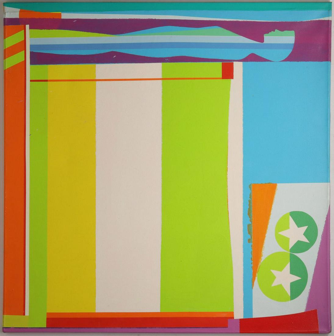 EDWARD LEWIS (1914-1992) ACRYLIC ON CANVAS: Edward R. Lewis (1914-1992) 1975 The homage to Ernest Trova is signed and dated verso. Measures 48.5 x 49 inches. Provenance: Consigned by the estate of Edward R. Lewis. We happily provide seamless in