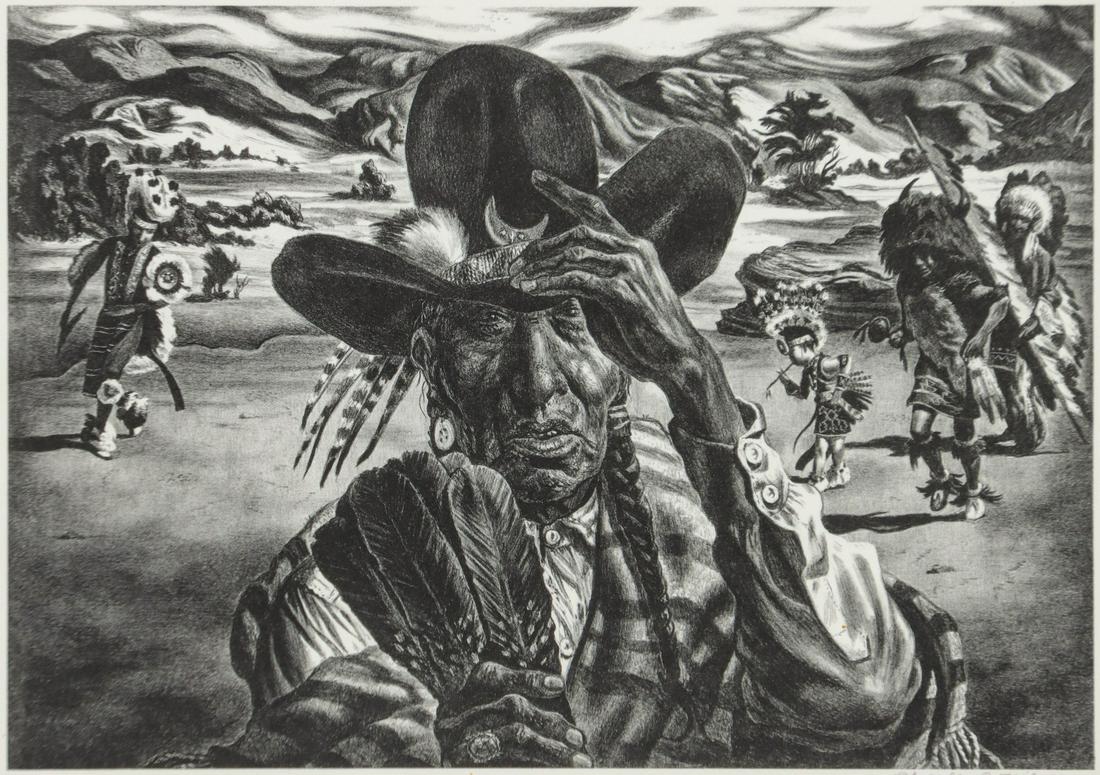 CHARLES BANKS WILSON (1918-2013) PENCIL SIGNED LITHO: Charles Banks Wilson (Oklahoma, 1918-2013) Comanche Portrait 1942 The lithograph published by Associated American Artists in an edition of 250 prints is signed by the artist in pencil below the image 