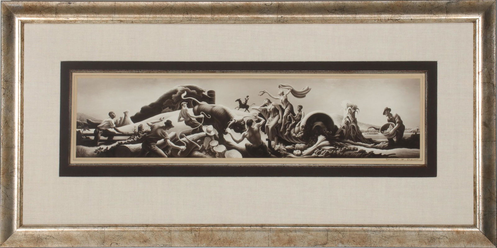 A SIGNED IMAGE OF T. H. BENTON'S HARZFELD'S MURAL: After Thomas Hart Benton Achelous and Hercules Late 1940s. The mounted black and white photograph of a 22-by-5 foot mural commissioned by Kansas City's Harzfeld's department store, and completed in 19