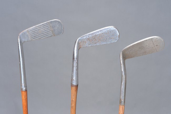 THREE SPALDING KRO-FLITE WOOD SHAFT GOLF CLUBS: Includes a putter, chipper and Calamity Jane.