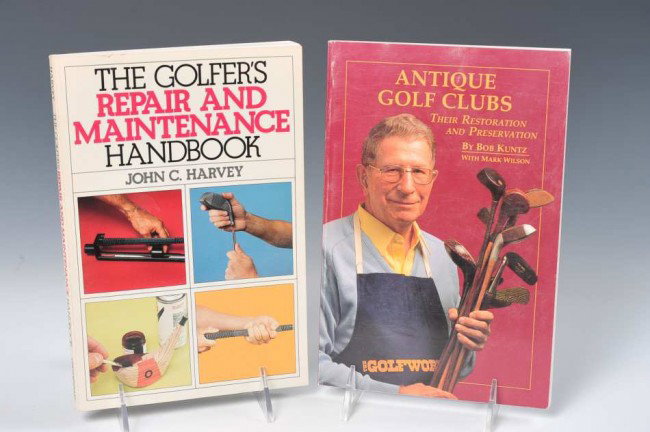 TWO ANTIQUE GOLF CLUB REPAIR AND MAINTENANCE BOOKS: Two valued guides on restorting, repairing and preserving antique and other golf clubs. 'Antique Golf Clubs: Their Restoration and Preservation,' by Bob Kuntz, with Mark Wilson, 1990, Ralph Maltby Ent