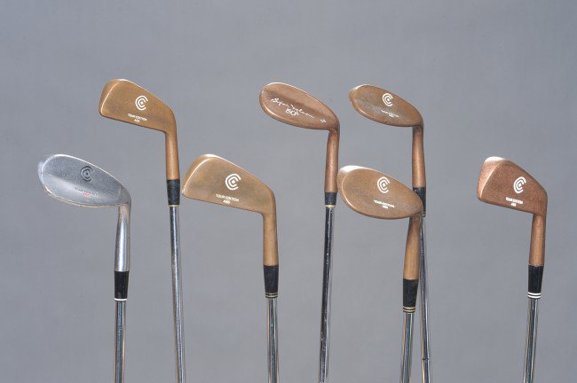 SET OF SEVEN CLEVELAND IRONS: Includes five Tour Edition 485 clubs, two #1s, two S, and a 2, plus a Byron Nelson 50th number 56, and a 485 S Tour Edition in nickel finish.