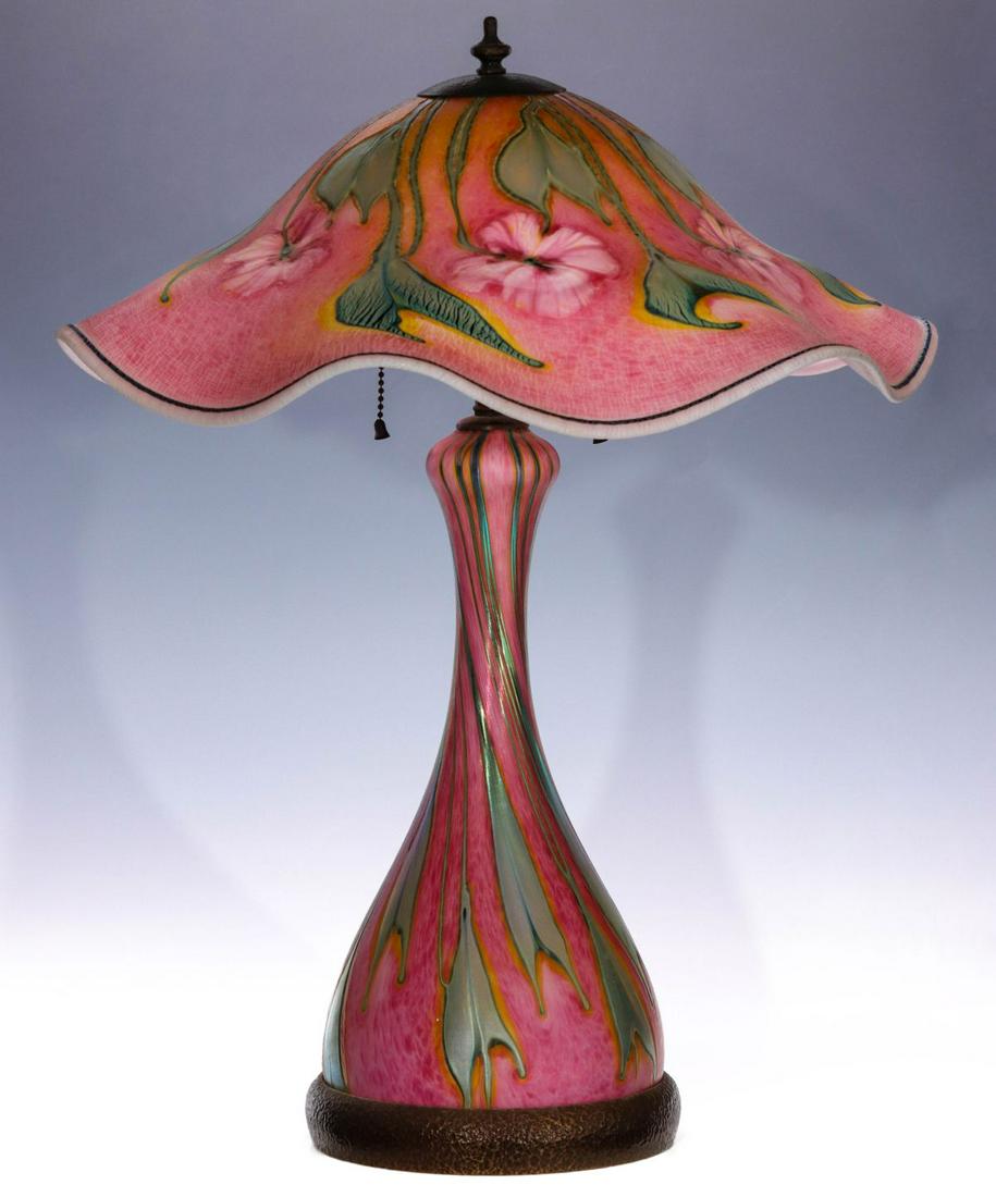 A CHARLES LOTTON PINK ART GLASS LAMP WITH OVERLAYS (1 of 14)