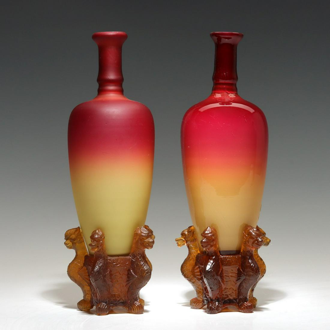 AN ASSEMBLED WHEELING PEACHBLOW MORGAN VASE PAIR (1 of 14)
