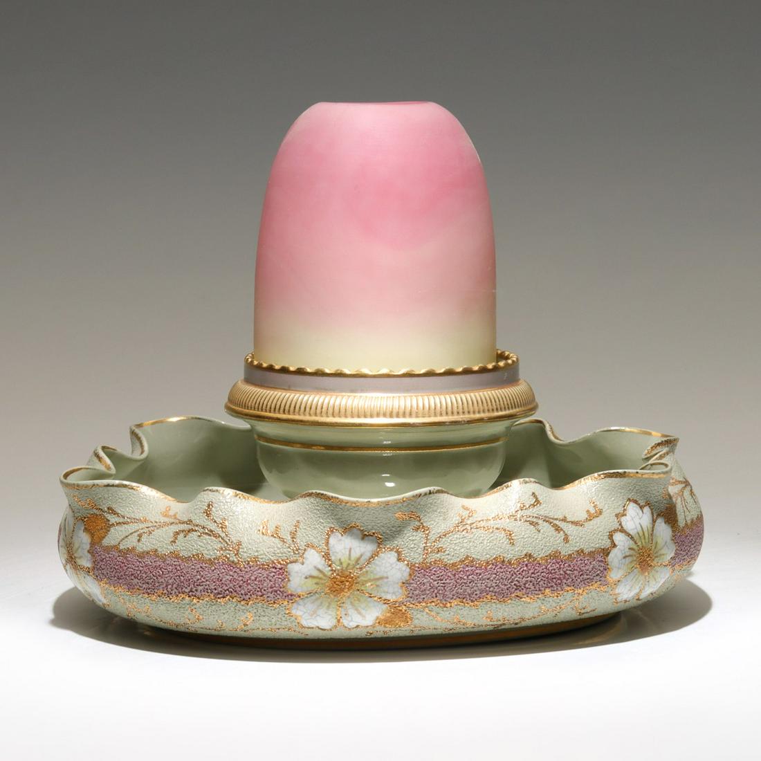 PYRAMID SIZE BURMESE FAIRY LAMP WITH POTTERY BASE: The Taylor Tunnicliffe & Co English pottery base with blue king's crown mark and red internal control number with 'A' suffix, denoting pyramid size, is finished in a pebbled texture with gilding and h