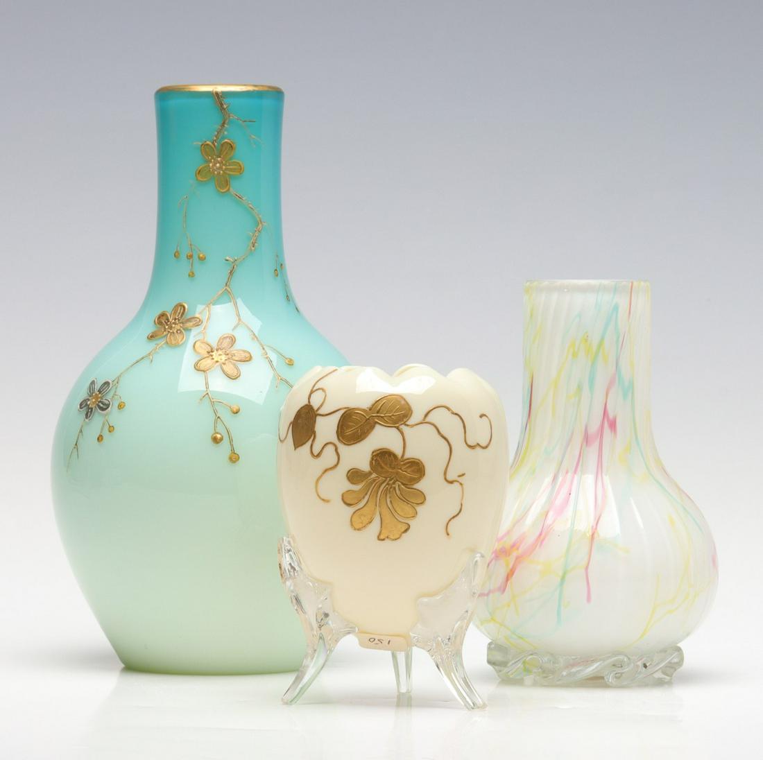 VICTORIAN ART GLASS ATTRIBUTED THOMAS WEBB: 1. A glossy shaded robin's egg blue vase with enamel applications attributed Thomas Webb. 2. A footed egg shape ivory glass vase attributed Thomas Webb. 3. A Peleton cabinet vase with brightly colored