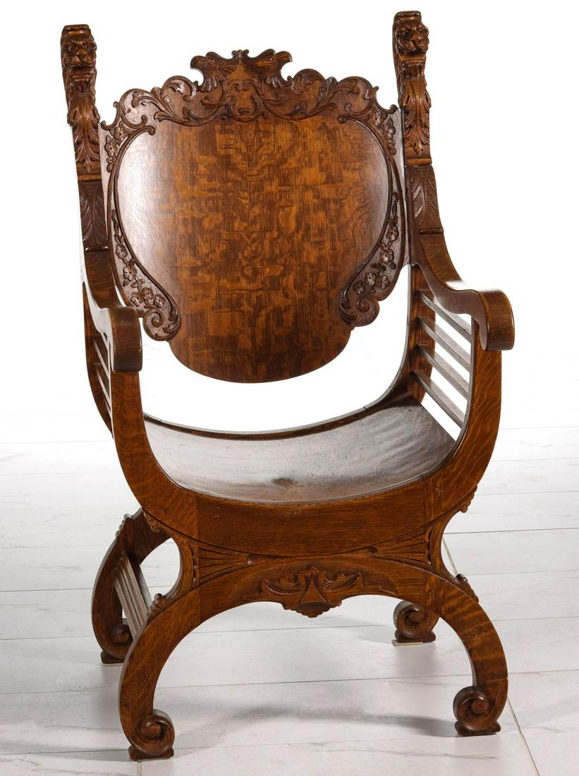 AMERICAN CARVED OAK SAVONAROLA CHAIR CIRCA 1900 (1 of 12)
