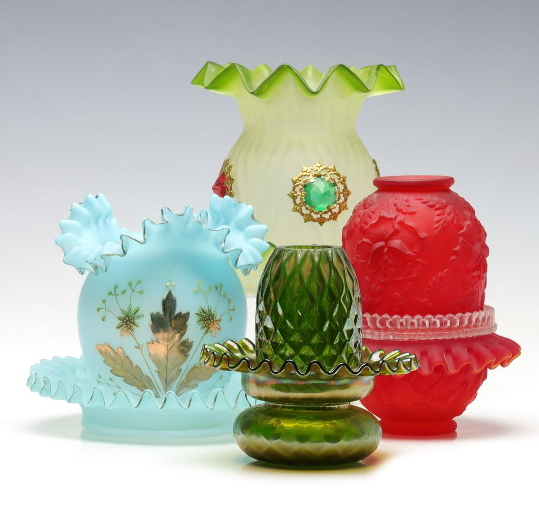 A GROUPING OF ART GLASS FAIRY LAMPS (1 of 17)