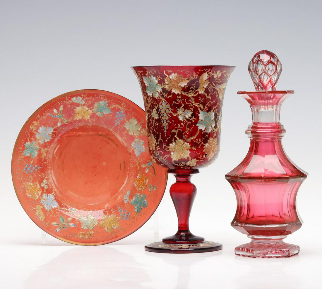 MOSER QUALITY ENAMELED CRANBERRY GOBLET AND PLATE (1 of 10)