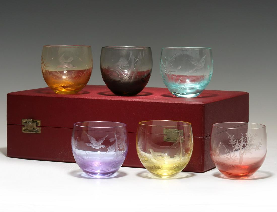 MOSER CULBUTO SET WITH INTAGLIO CARVED GAMEBIRDS: The low tumblers in six colors, each engraved by hand with a different game bird in natural landscape. The original presentation box is included. Each measures 2.5 x 2.5 inches. We happily provide sea