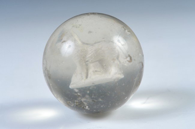 A 1.5 INCH SULPHIDE MARBLE FOX: A good antique marble, unpolished original, measures approx. 1.5".