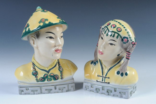 PAIR GOLDSCHEIDNER MONGOLIAN BUSTS: Signed Goldsheider by H. Liedhoff, measures 7.5" x 5.5" and 6.5" x 5".