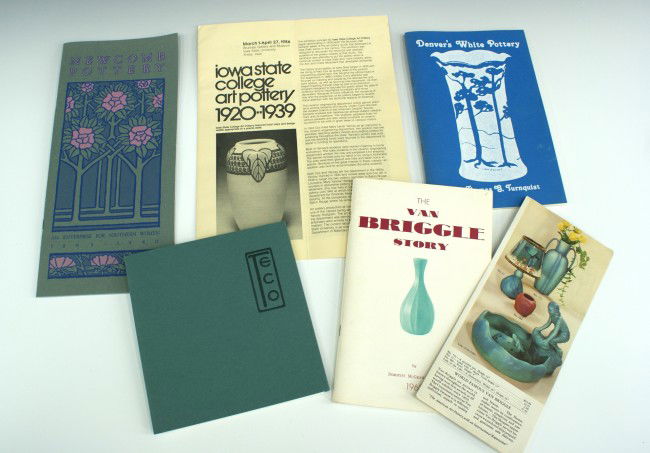 FIVE ART POTTERY REFERENCE PAMPHLETS: Five reference pamphlets: 'Teco' reprint of 1905 catalog; 'Newcomb Pottery' 1984; 'The Van Briggle Story' 1968 by Dorothy McGraw Bogue, author-signed, includes a color Van Briggle pamphlet with prices