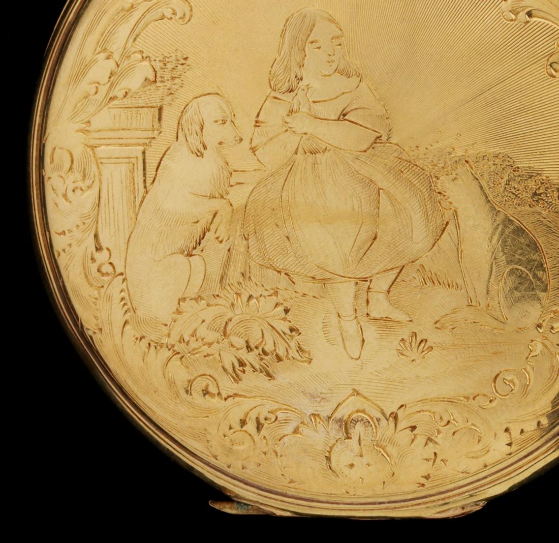 AN ELABORATELY ENGRAVED SWISS 18K POCKET WATCH (1 of 19)