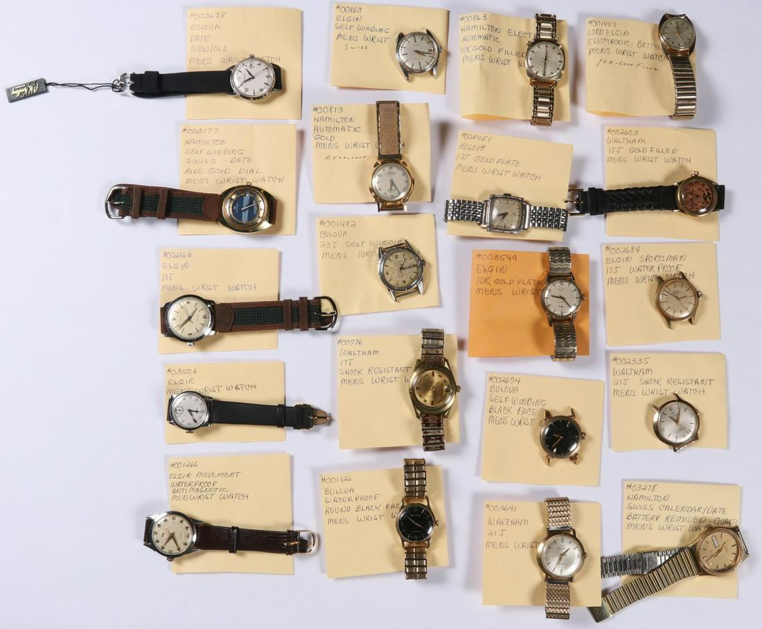 20 HAMILTON, ELGIN, BULOVA VINTAGE MEN'S WRIST WATCHES: Each watch is pictured with a written description that is believed to be accurate, but not guaranteed. No solid gold cases. We happily provide seamless in-house packing and shipping services on nearly