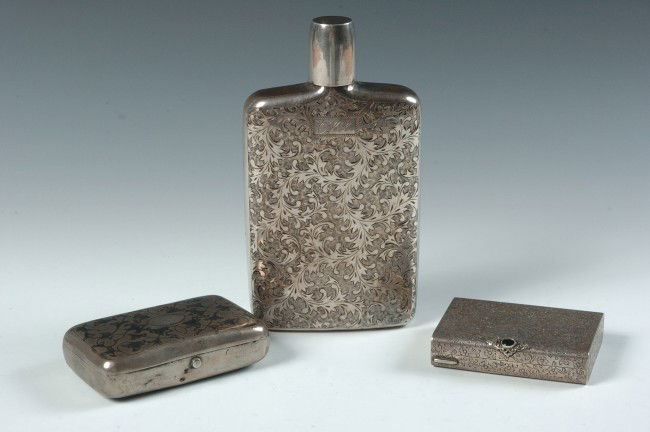LOT OF ESTATE STERLING SILVER, RUSSIAN FLASK, COMPACT, : Includes a monogrammed flask, marked 'sterling' along bottom, 7 x 4 inches, 8.5 oz; a Russian silver case, '84' purity, 1882 assayer and Moscow marks, 1 x 4 x 2.25 inches, 3.95 oz; and a make-up compa