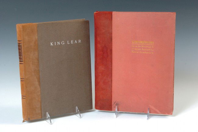 TWO ROYCROFTER - ELBERT HUBBARD PUBLISHED BOOKS: Includes 'The Tragedy of King Lear' by William Shakespeare, published by Roycroft Shop, East Aurora, NY, 1904, copyright Elbert Hubbard, 148 pp, hardcover with silver title and brown suede covered spi