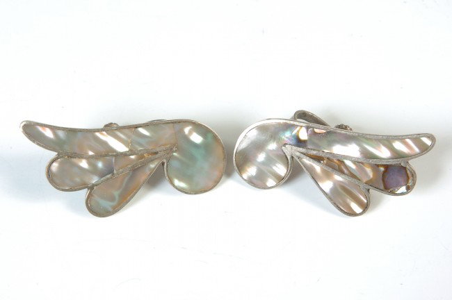 A PAIR OF TAXCO STERLING EARRINGS: Unmarked, inlaid abalone, each measures 1.5 inches long.