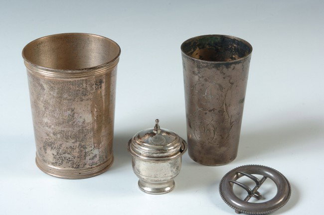 A GROUP OF STERLING SILVER ITEMS: Includes a sterling marked cup, also marked with cross and crown logo and number '3759,' 3.75 x 2.75 inches. Smaller beaker, German crescent moon and 800 silver marked, 3.75 x 2.25 inches; a small mus