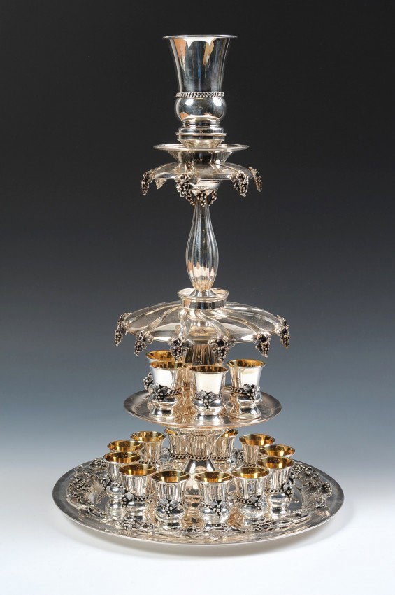 HAZORFIM STERLING SILVER WINE FOUNTAIN: 17 piece arrangement missing one smaller cup. Measures 17.5 x 14 inches, weighs 98 ounces.