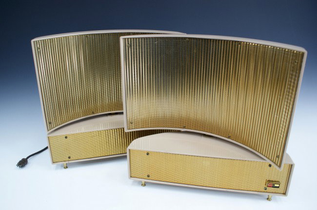 A PAIR OF SPACE AGE REMOTE STEREO SPEAKERS: Measure approximately 12.75 x 13.25 x 4.5 inches.