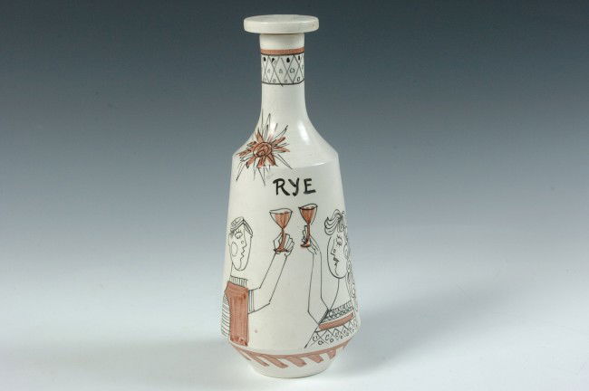 AN ITALIAN MODERNIST RYE DECANTER FOR RAYMOR: Measures 11 inches high to top of stopper. Bottom marked 'R. 2121/B, Raymor, Italy,' and with Raymor tag.