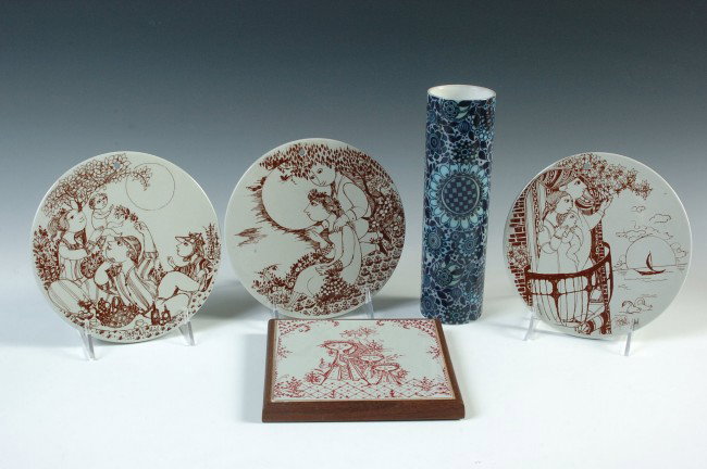 A NICE LOT OF BJORN WIINBLAD CERAMICS FOR ROSENTHAL: Includes a vase, stands 9 inches, bottom marked 'Rosenthal Studio Linie, design; Bjorn Wiinblad;' three 7 inch diameter tiles titled 'Daybreak,' Noon,' and 'Twilight,' and marked 'Bjorn Wiinblad for N