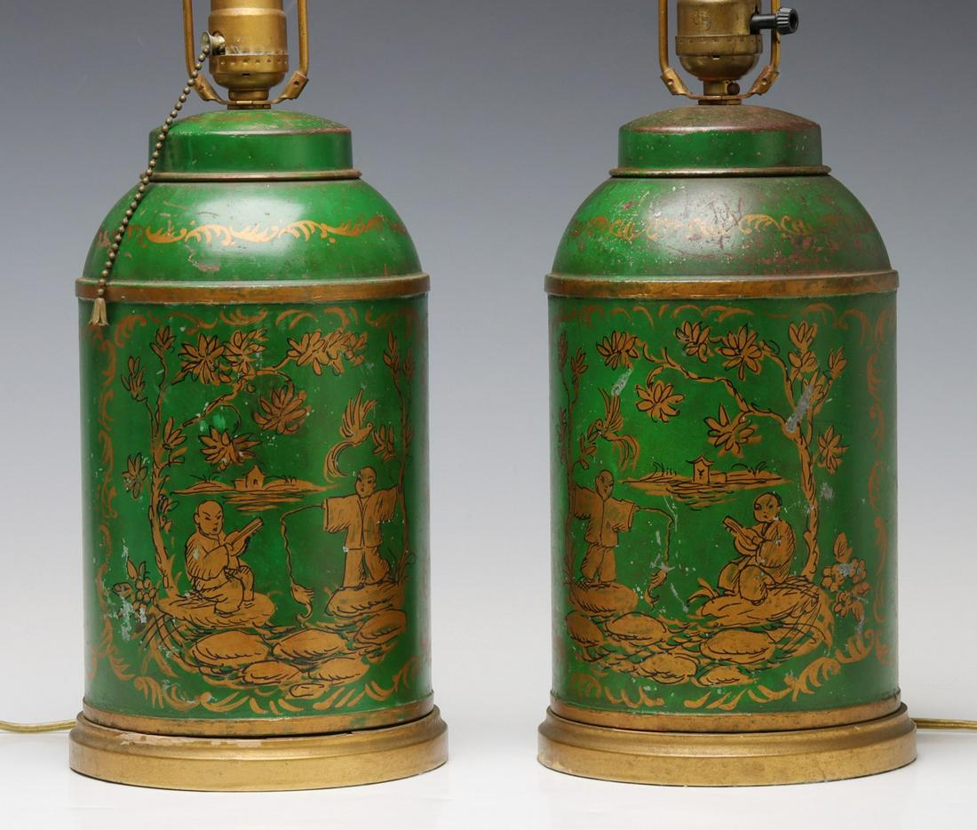 A PAIR 19TH CENT TOLE TEA CANISTERS AS TABLE LAMPS (1 of 10)