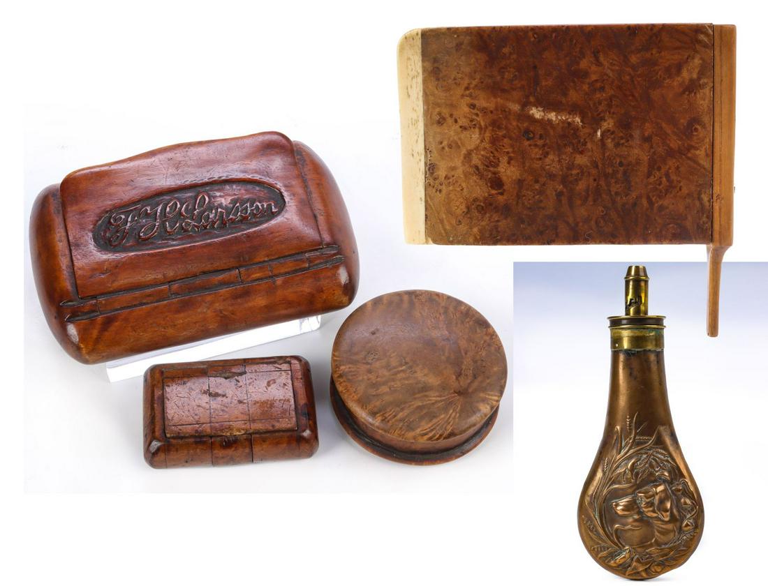 DOG HEAD POWDER HORN AND OTHER PRIMITIVES: A 19C. BURL AND BONE EDGE KITCHEN PRIMITIVE: The cutting device constructed as a wedge shape burl wood blade mounted with a maple handle at one edge fastened by brass screws, and tapered bone blade jo