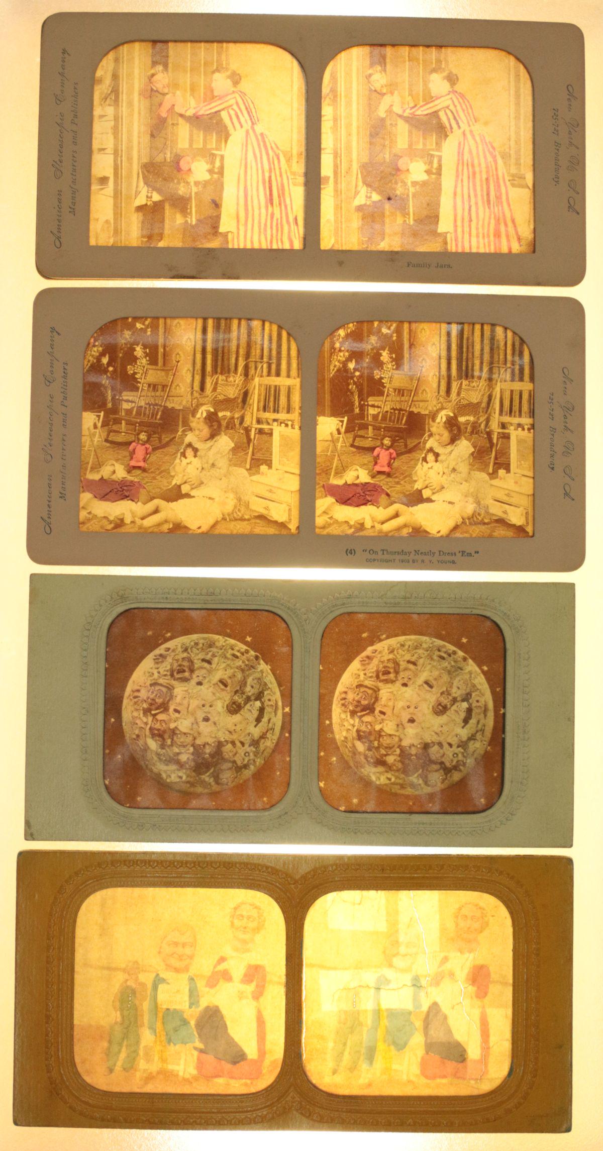 TWENTY-THREE 19TH C. HAND-TINTED TISSUE STEREOVIEWS: The subjects include domestic comedy scenes, men operating a Gatling Gun, dancers at the Moulin Rouge, religious scenes and more, circa 1900. Each is shown. - from the front without back lighting. - f