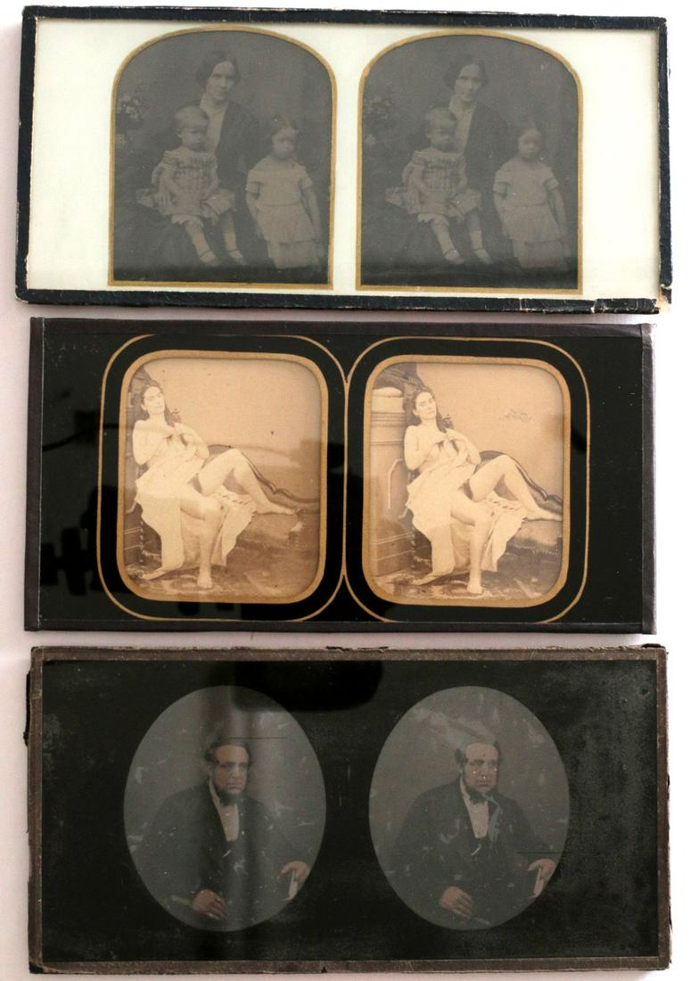A COLLECTION OF GLASS, AMBROTYPE & OTHER STEREO VIEWS: The collection is offered as shown including an albumen nude, The Great Blondin over Niagara Falls with his manager on his back, ambrotype portraits and more. We happily provide seamless in-house pack