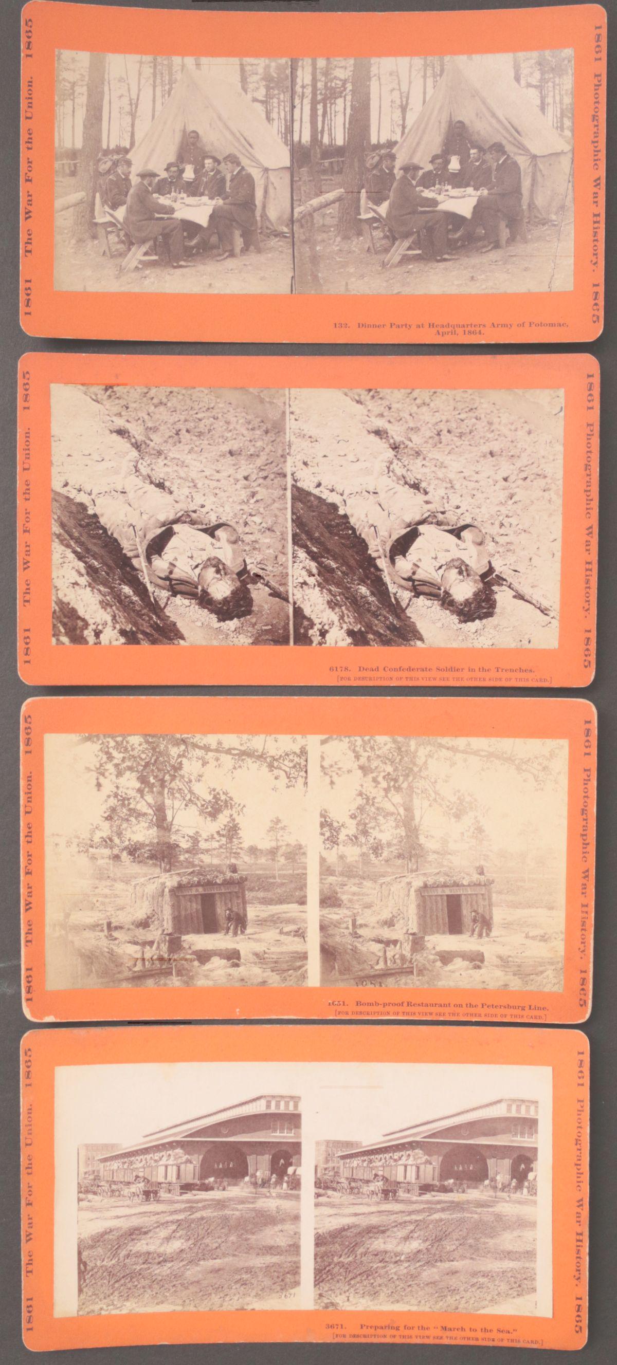 FOUR TAYLOR & HUNTINGTON CIVIL WAR STEREO VIEWS: Titles include: 132. Dinner party at headquarters army of the Potomac April, 1864. 6178. Dead Confederate soldier in the trenches. 1651. Bombproof restaurant on the Petersburg line. 3671. Preparing fo