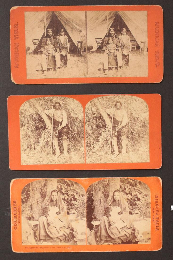 FIVE NATIVE AMERICAN SUBJECT REAL PHOTO STEREO VIEWS: 1. Orange mount/ pink back AMERICAN VIEWS older male and children outside a dwelling. 2. Orange mount/ pink back older male with smoking pipe. 3. George Barker 565 Squaw and Pappoose-Luna Island-Niaga
