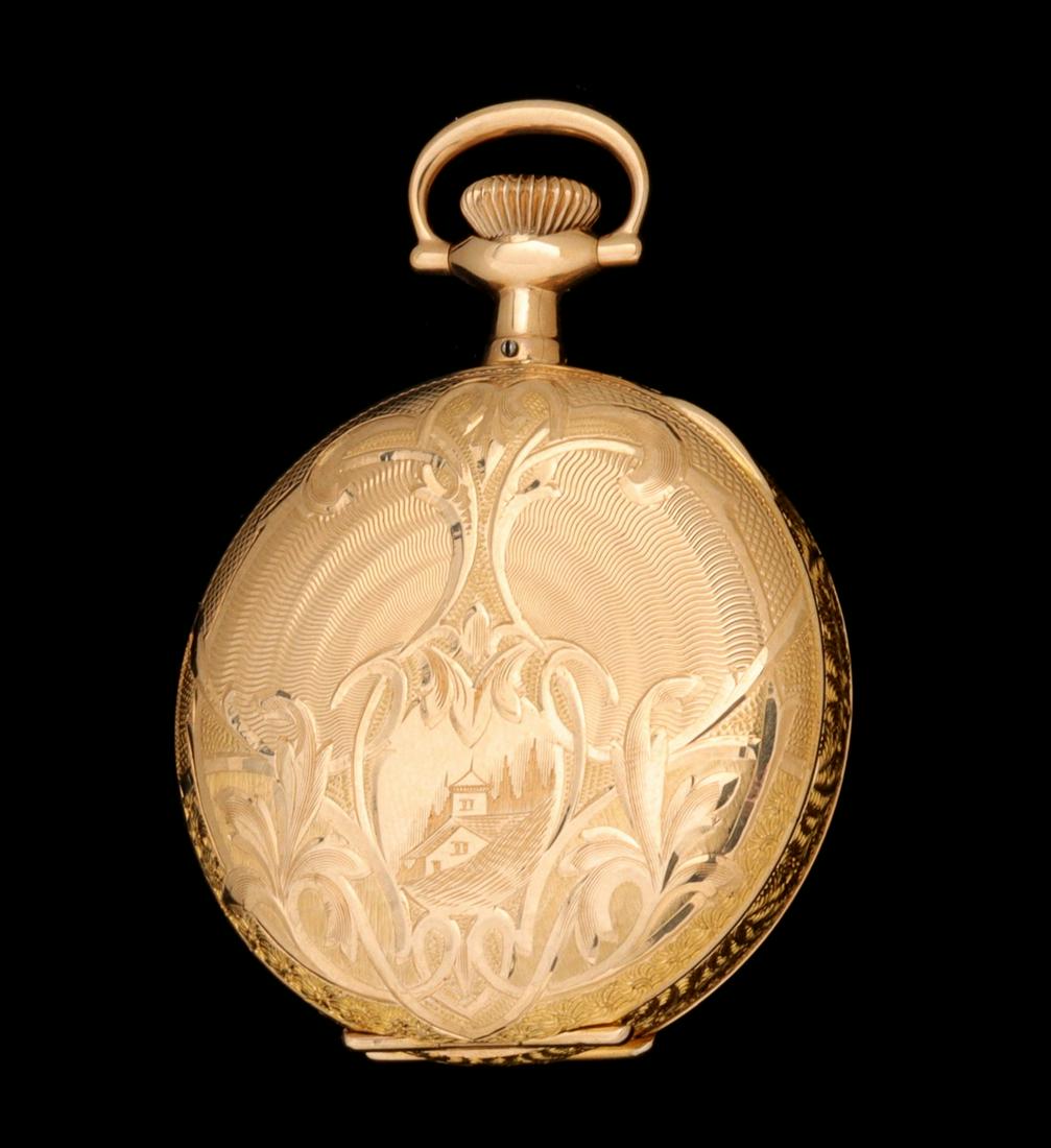 A HAMPDEN 'MOLLY STARK' 3/0 LADIES WATCH IN 14K CASE: Serial Number: 2881362 Estimated Production Year: 1911 Size: 3/0 Jewels: 7 Movement Configuration: Hunting Movement Finish: Nickel Movement Setting: Lever Plate: Bridge Plate The solid 14k gold