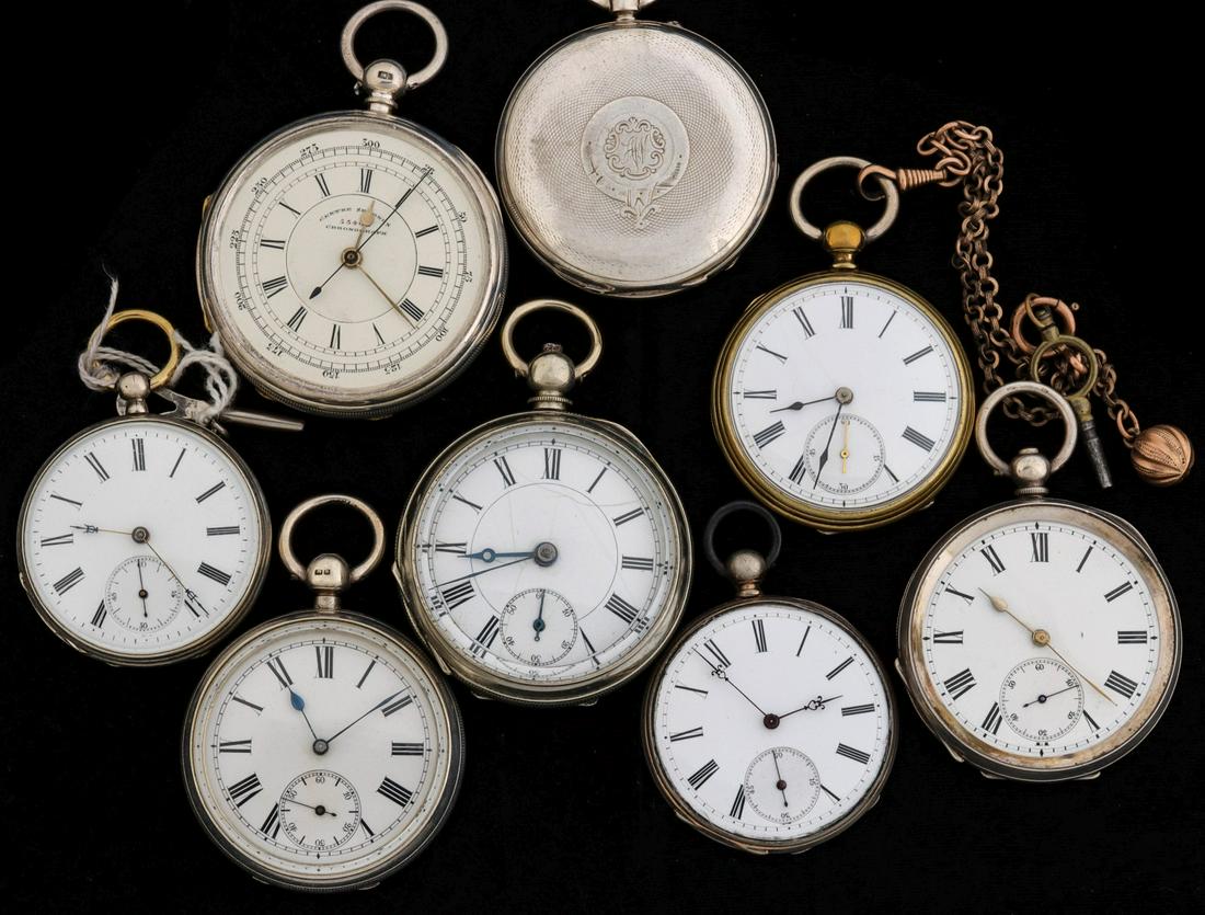 EARLY 19C. KEY WIND CHRONOGRAPH & OTHER SILVER WATCHES: The collection of eight early 19th century Swiss, French and English key wind watches in silver hunter cases is presented as shown, each pictured with a written description that is believed to be accu