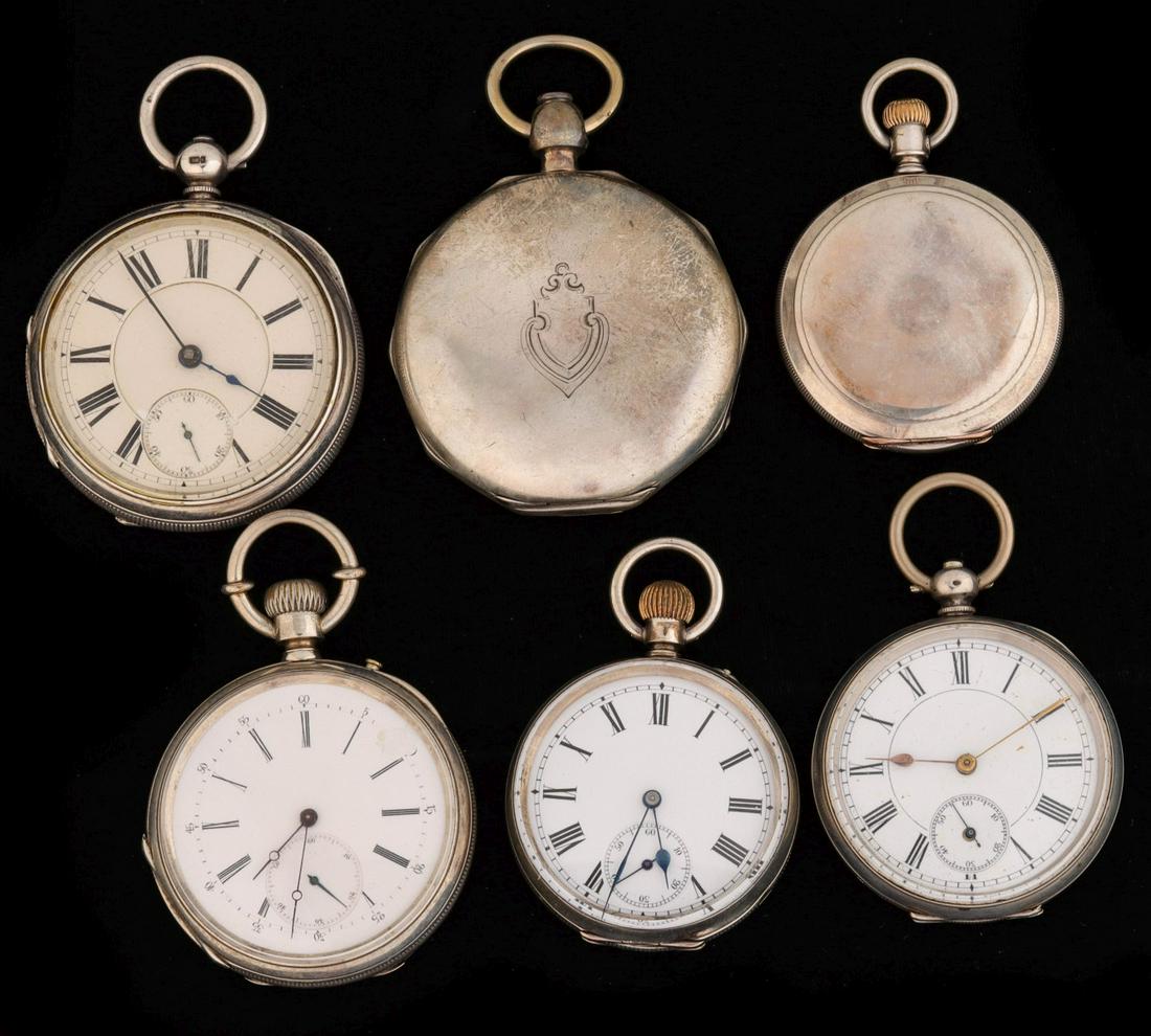 P.S. BARTLETT AND OTHER COIN/STERLING CASE WATCHES: The collection of six earlier watches with cases made from sterling silver, coin silver and other standards of silver. Each is pictured with a written description that is believed to be accurate, but 