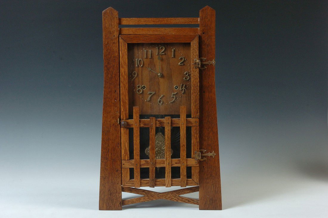 A SESSIONS MISSION STYLE SHELF CLOCK: Measures 19.75 x 12 x 4.25 inches overall, refinished, replaced pendulum. Good running condition. Running condition is not guaranteed once the clock is moved.