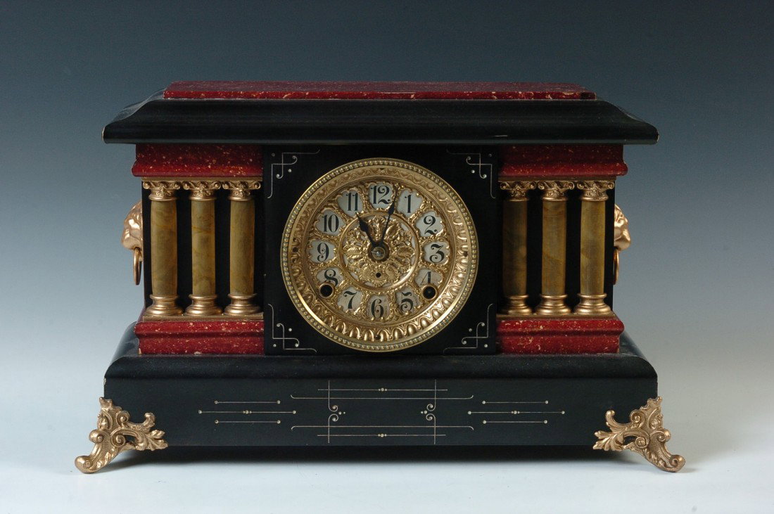 A SETH THOMAS K.C.B. NO. 2 SHELF CLOCK: Rare red Adamantine highlights, not pictured in Tran du Ly. All original except for touches to the gold elements, time and strike, nice origi fancy dial with paper insets, the lower three of which the