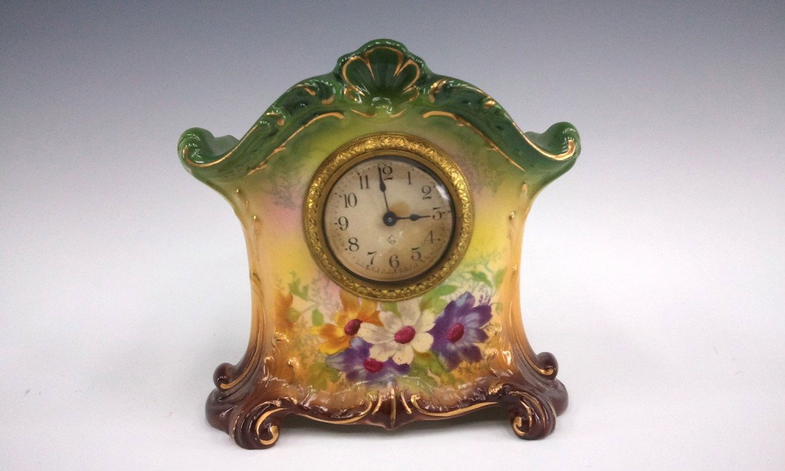 AN ANSONIA 'GRANITE' ROYAL BONN CHINA CLOCK: 6.25 x 6.5 x 3 inches overall. No chips, cracks or repairs