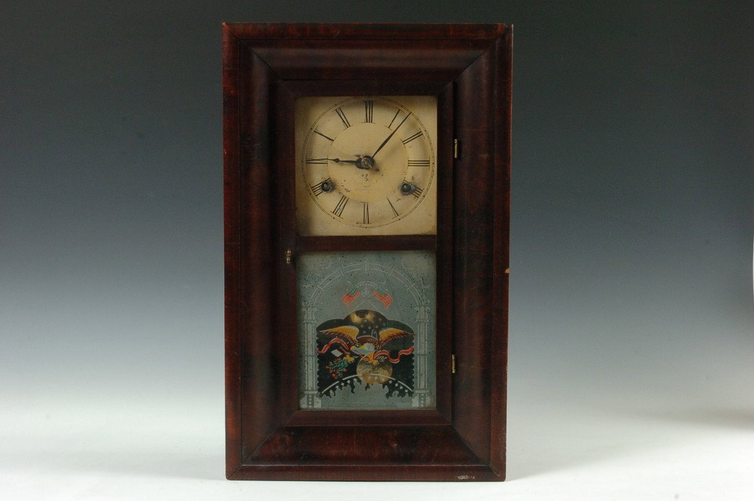 SMITH & GOODRICH MINI OGEE WITH TWO FUSEES: A diminutive ogee shelf clock measuring only 19 x 11.5 x 4.25 inches and set with two fusee movements and interesting mechanism, great original tablet with AMERICAN EAGLE and two AMERICAN FLAGS, rare.