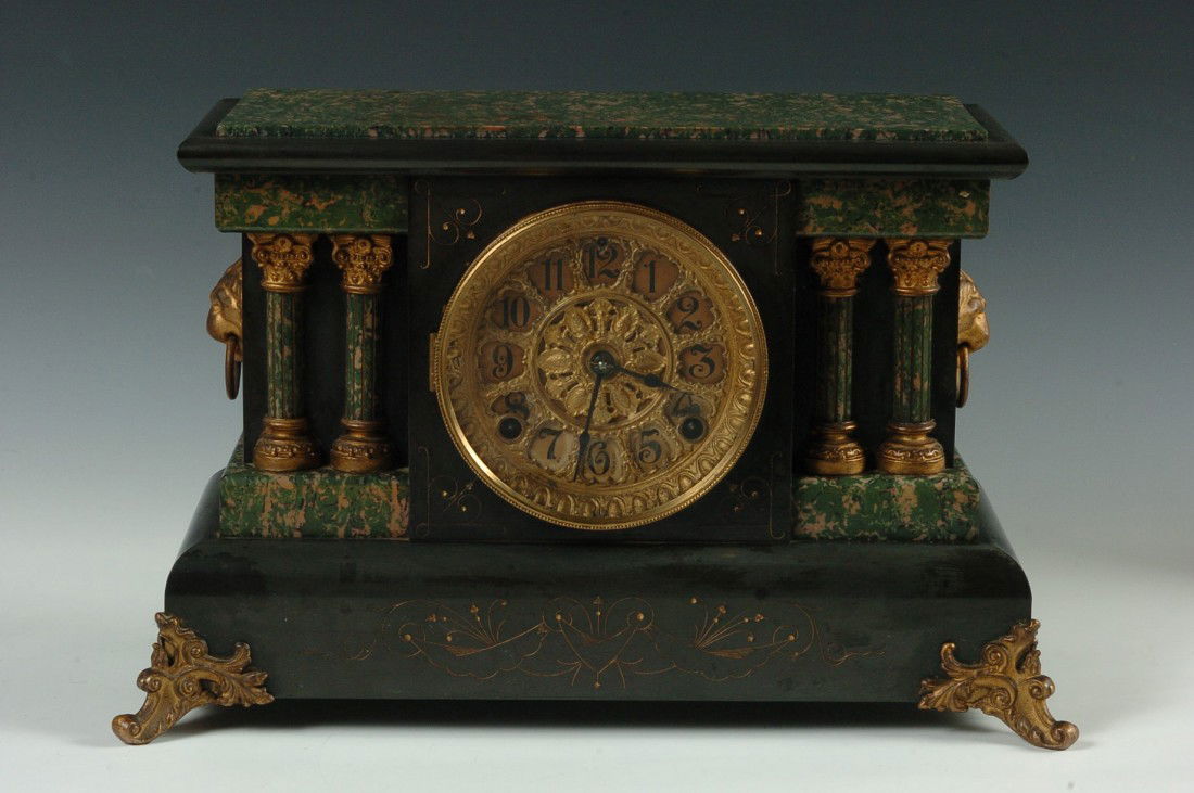 A SETH THOMAS ADAMANTINE MATEL CLOCK: 11 x 16.75 x 7.25 inches overall.