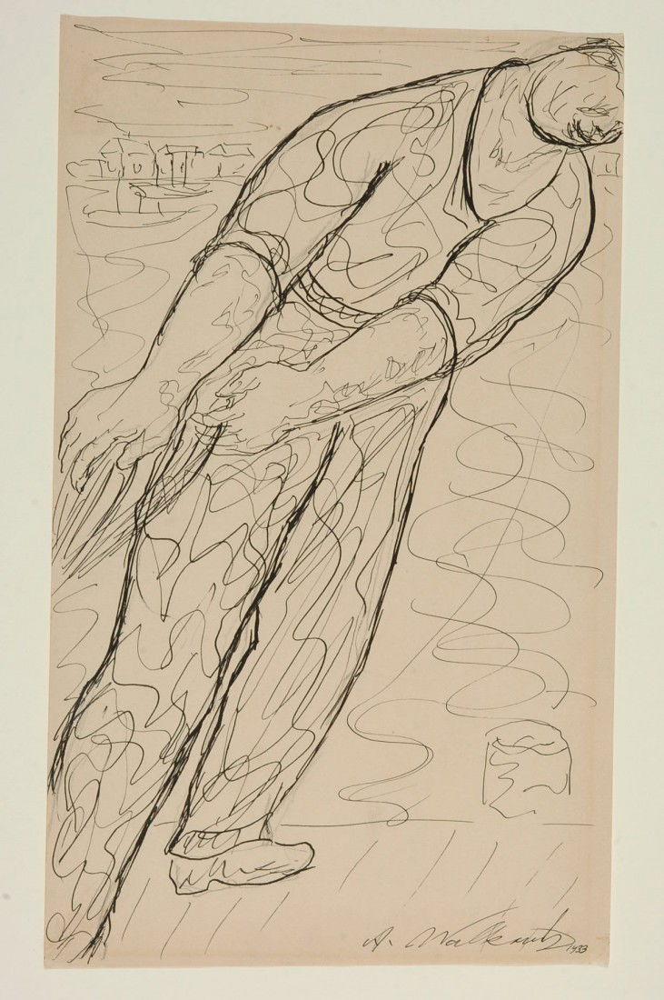 ABRAHAM WALKOWITZ (1878-1965) PEN AND INK 1933: Three works in pen and ink on paper, 11933, workman themes, signed 'A. Walkowitz 1933' in lower left corners, each measures approximately 13-7/8 x 8-3/8 inches. 'Mending The nets, Workman With Shovel