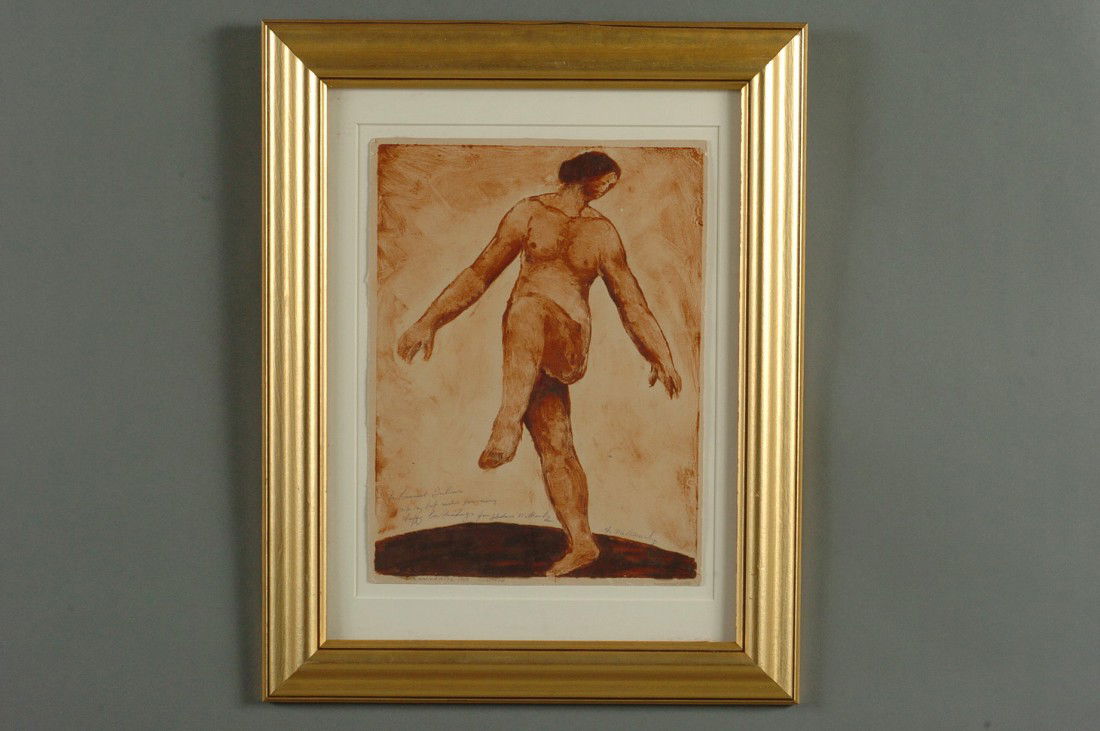 ABRAHAM WALKOWITZ (1878-1965) MONOTYPE ISADORA DUNCAN: Dedication 'To Emanuel Julius, with my best wishes for many Happy birthdays, from Abraham Walkowitz' lower left portion of image field, signed 'A. Walkowitz' lower right, and 'A. Walkowitz 1909 Monoty