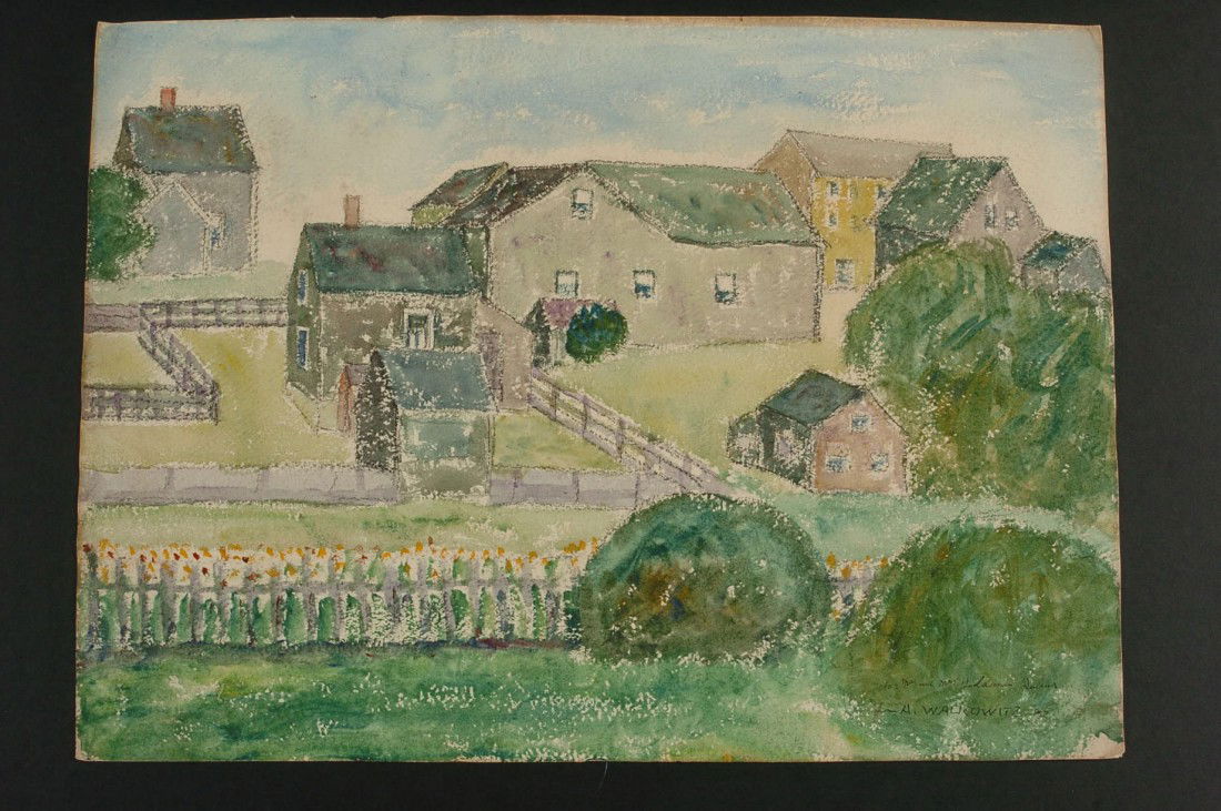 ABRAHAM WALKOWITZ (1878-1965) WATERCOLOR: Signed 'A. Walkowitz' and with dedication, 'to Mr and Mrs Haldeman Julius,' lower right corner. Penciled 'View From the Hill, ca 1917' on reverse. 16 x 22 inches.
