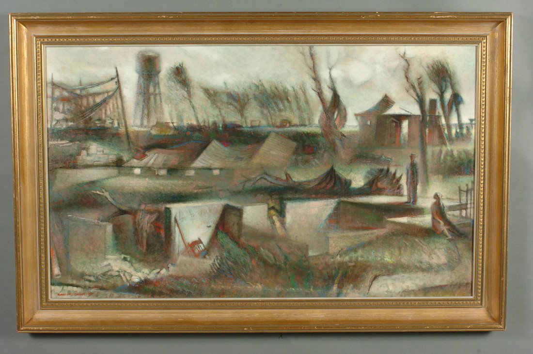 ROBERT MACDONALD GRAHAM (1919 - 2003 MISSOURI) OIL ON P: Robert McDonald Graham (1919 - 2003), signed lower left and dated 1957, work size of 24 x 40 inches, 29.4 x 46 inches overall.