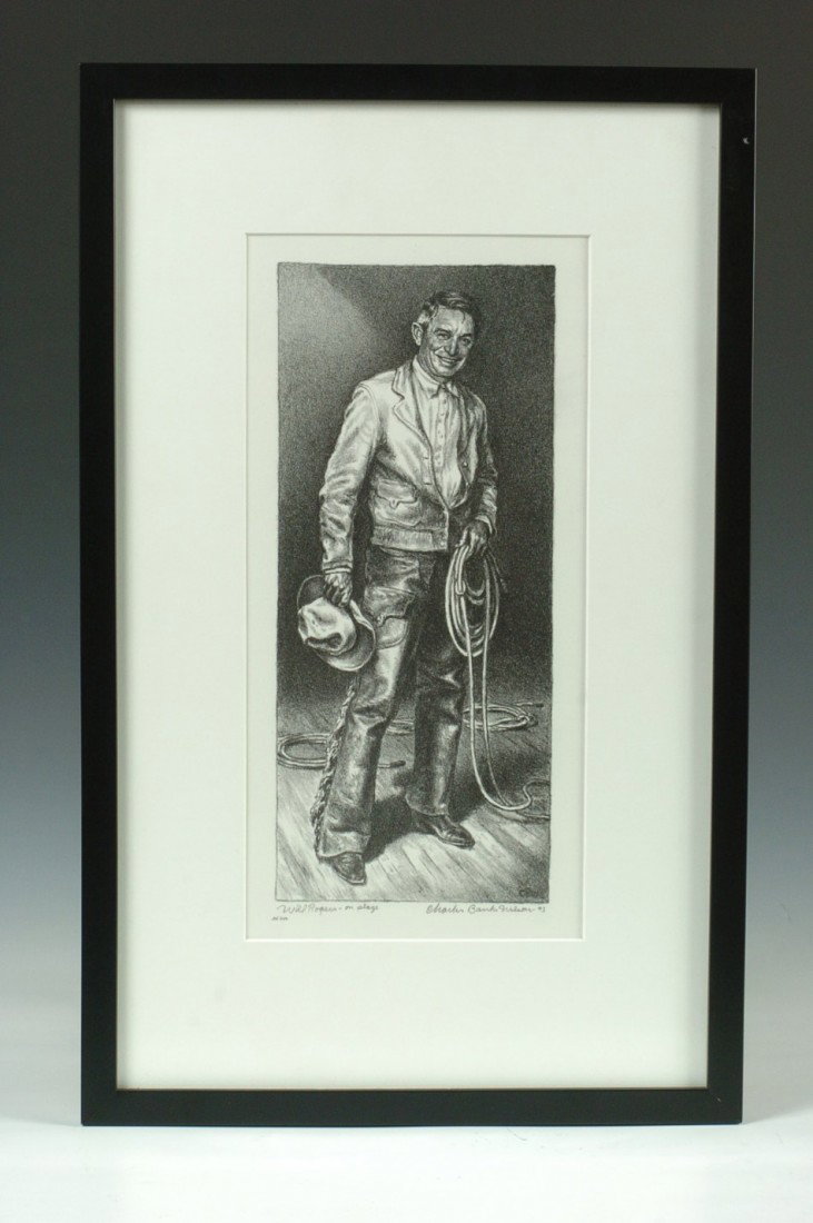 CHARLES BANKS WILSON PENCIL SIGNED LITHOGRAPH 'WILL ROG: Charles Banks Wilson (1918- ). Titled 'Will Rogers on stage' lower left, signed lower right 'Charles Banks Wilson 93.' 14 x 6 inch image field, in 23.5 x 15 inch frame.